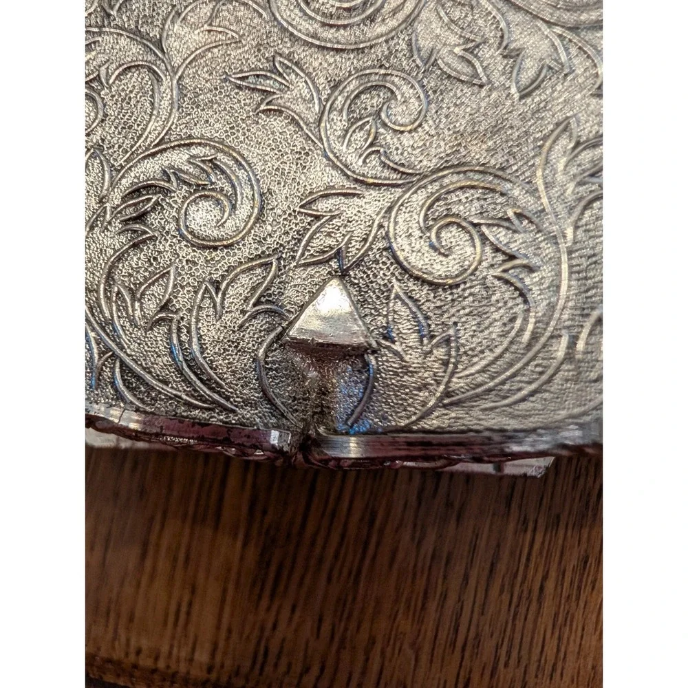 Vintage Silver Toned Jewelry Trinket Box/Footed/Red Velvet Lining